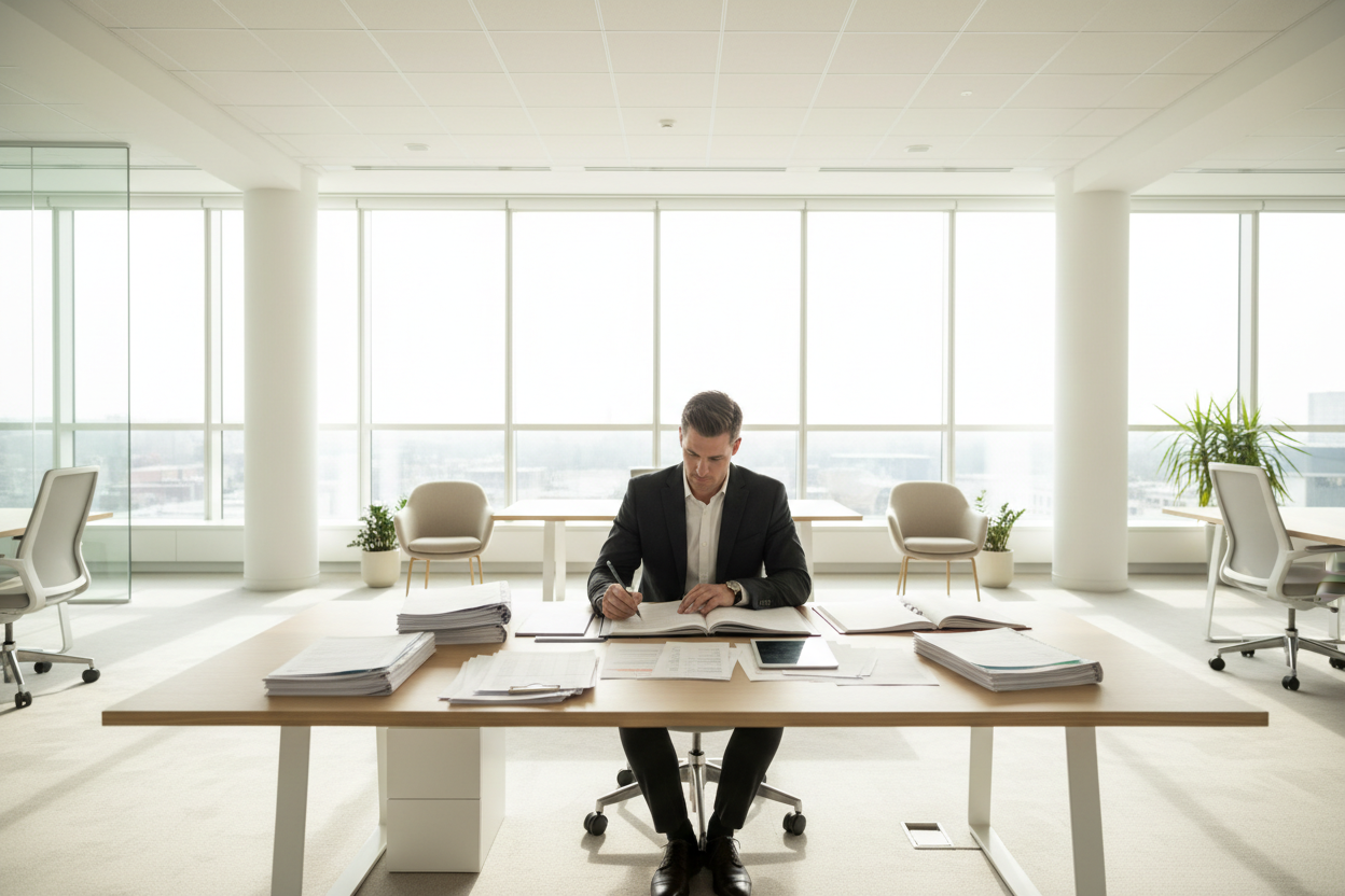 a-picture-of-someone-working-on-accounting-with-a-pencil-in-hand-at-a-desk-in-a-brightly-lighted-clean-office-from-a-distance